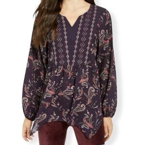 Style & Co Women's Grape Paisley Print Long Sleeve Split Neckline Blouse Size 2X